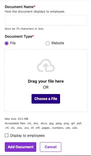 Example of uploading documents for employees in Patriot Software human resources software